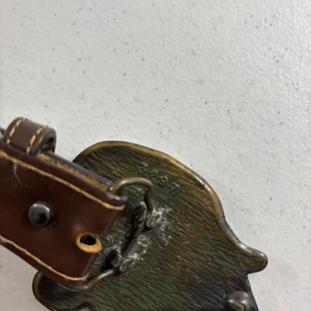 VTG Full Grain Cowhide Leather Belt Bergamont Brass Panther Head Buckle USA 38
